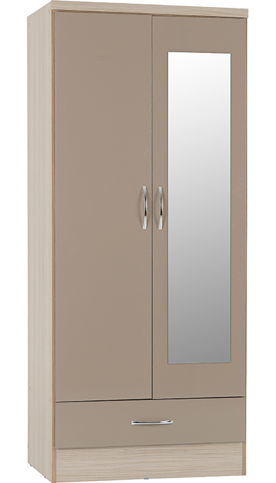 Nevada Mirrored 2 Door 1 Drawer Wardrobe Oyster Gloss/Light Oak